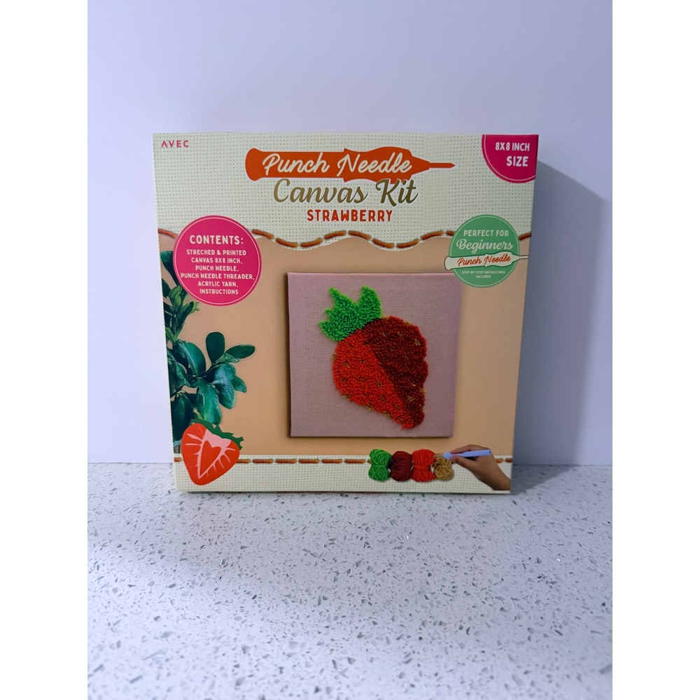 Avec Punch Needle Canvas Kit Strawberry Beginners 8x8 Inch DIY Embroidery Set